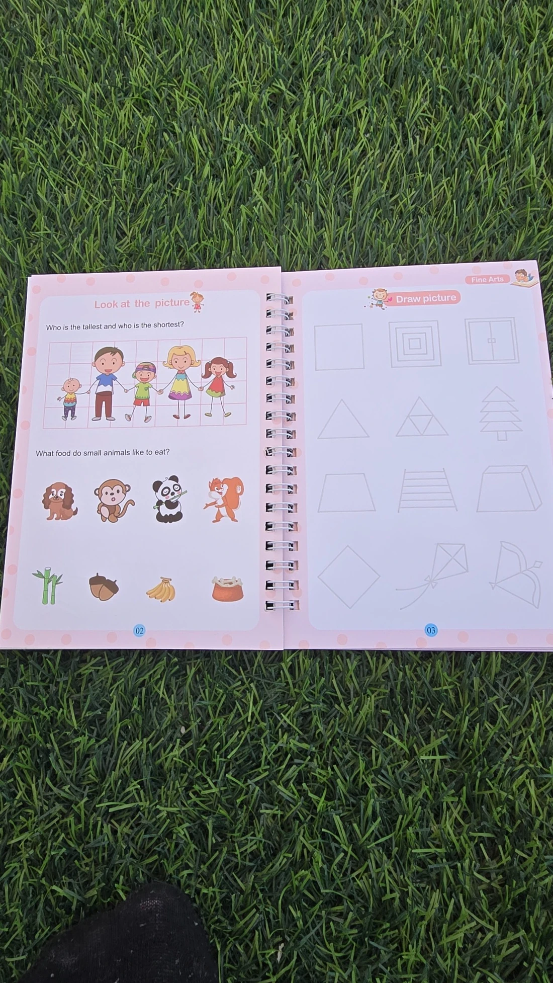 Inside the Interesting Drawing workbook with matching and shape drawing activities